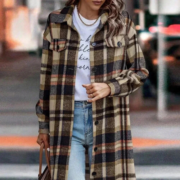 Navy Blue Elegant Women's Plaid Long Sleeve Button Up Shacket - Picture 2 of 4